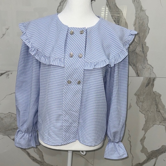 J.ING Tops - J.ING Light Blue Gingham Ruffle Collar Blouse